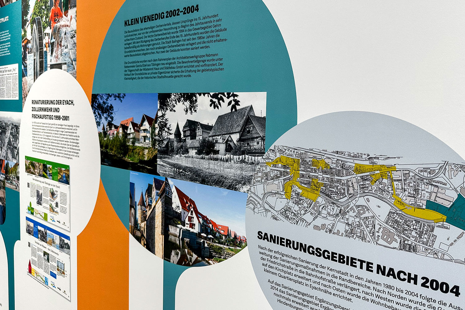 Grafikdesign der Ausstellung „50 Jahre Stadterneuerung“ im Balinger Stadtarchiv